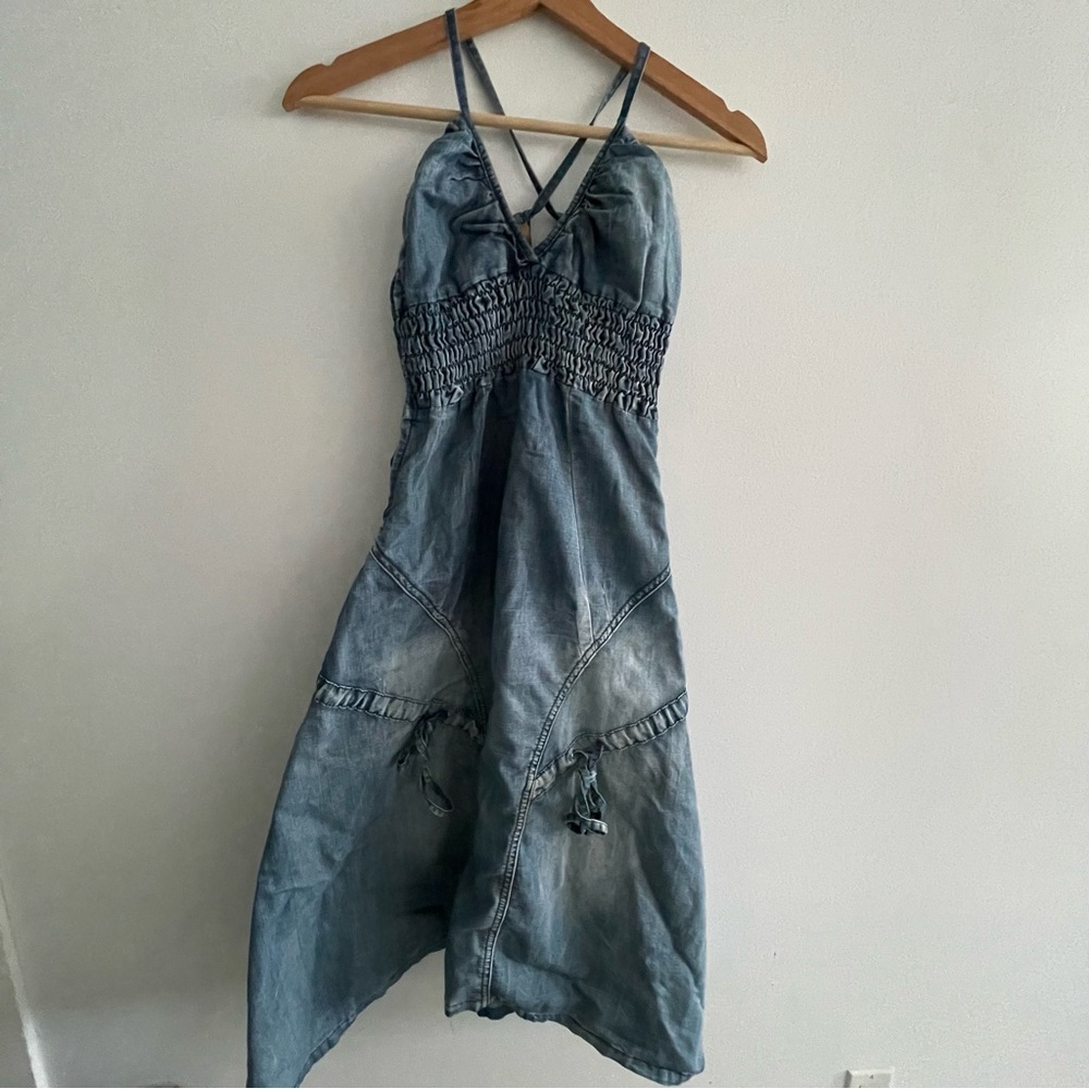 Zuiki Jeans Denim Halter Neck Cargo Midi Dress